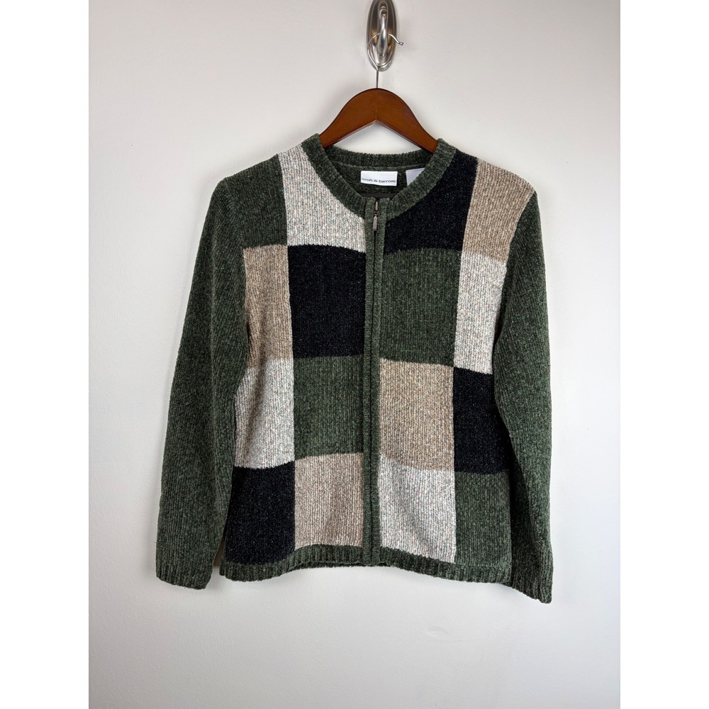 Croft & Barrow Cardigan S Green Patchwork Zip Up Chenille Sweater Fall Forest